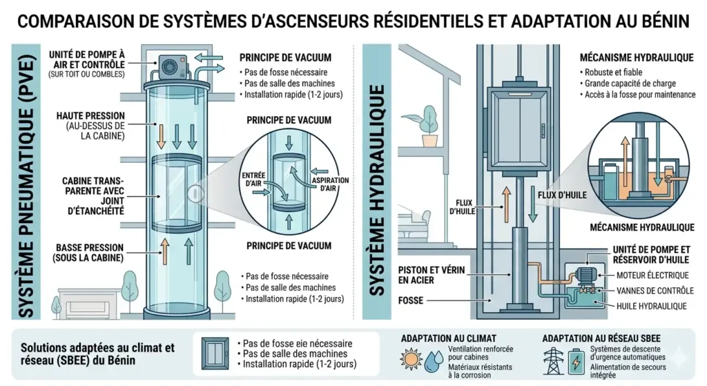 Schéma du fonctionnement d’un ascenseur pneumatique et hydraulique