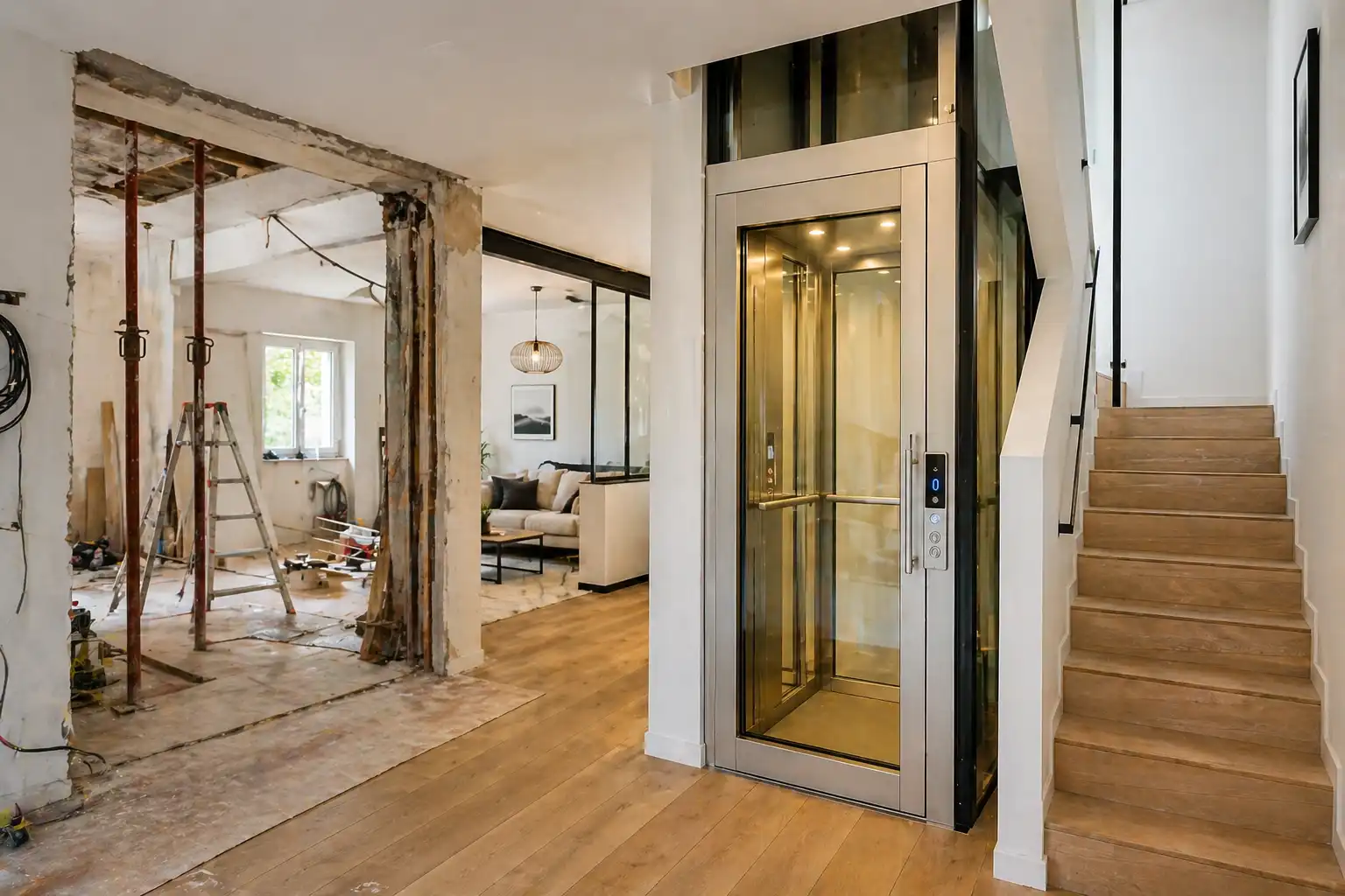 : Petit ascenseur PE Lifts installé dans le coin d'un salon d'une villa à Cotonou, occupant un espace minimal